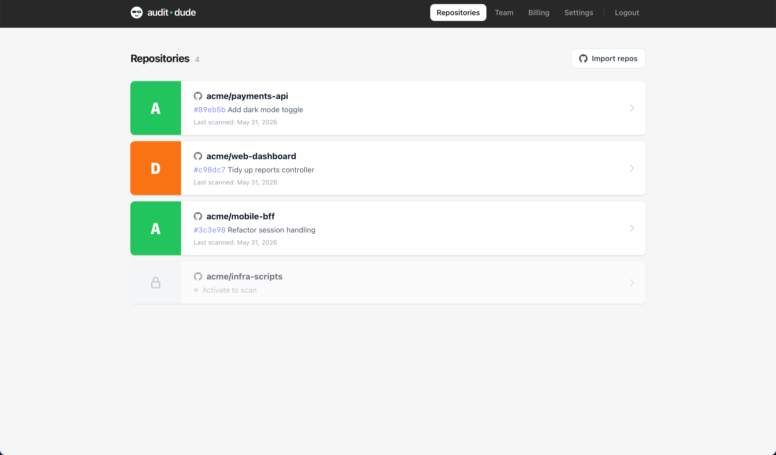 AuditDude dashboard listing scanned repositories