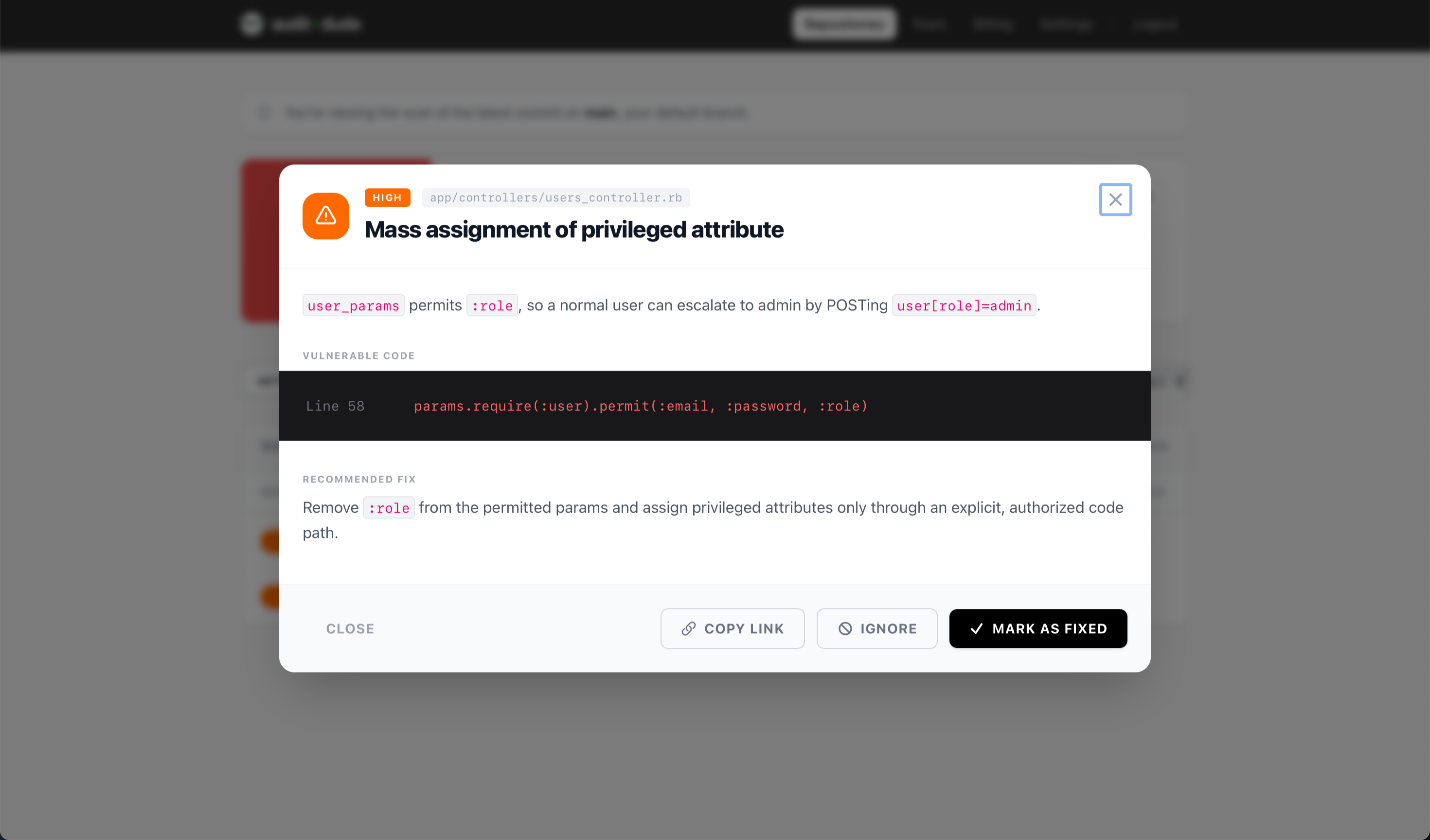 Detailed security finding with remediation