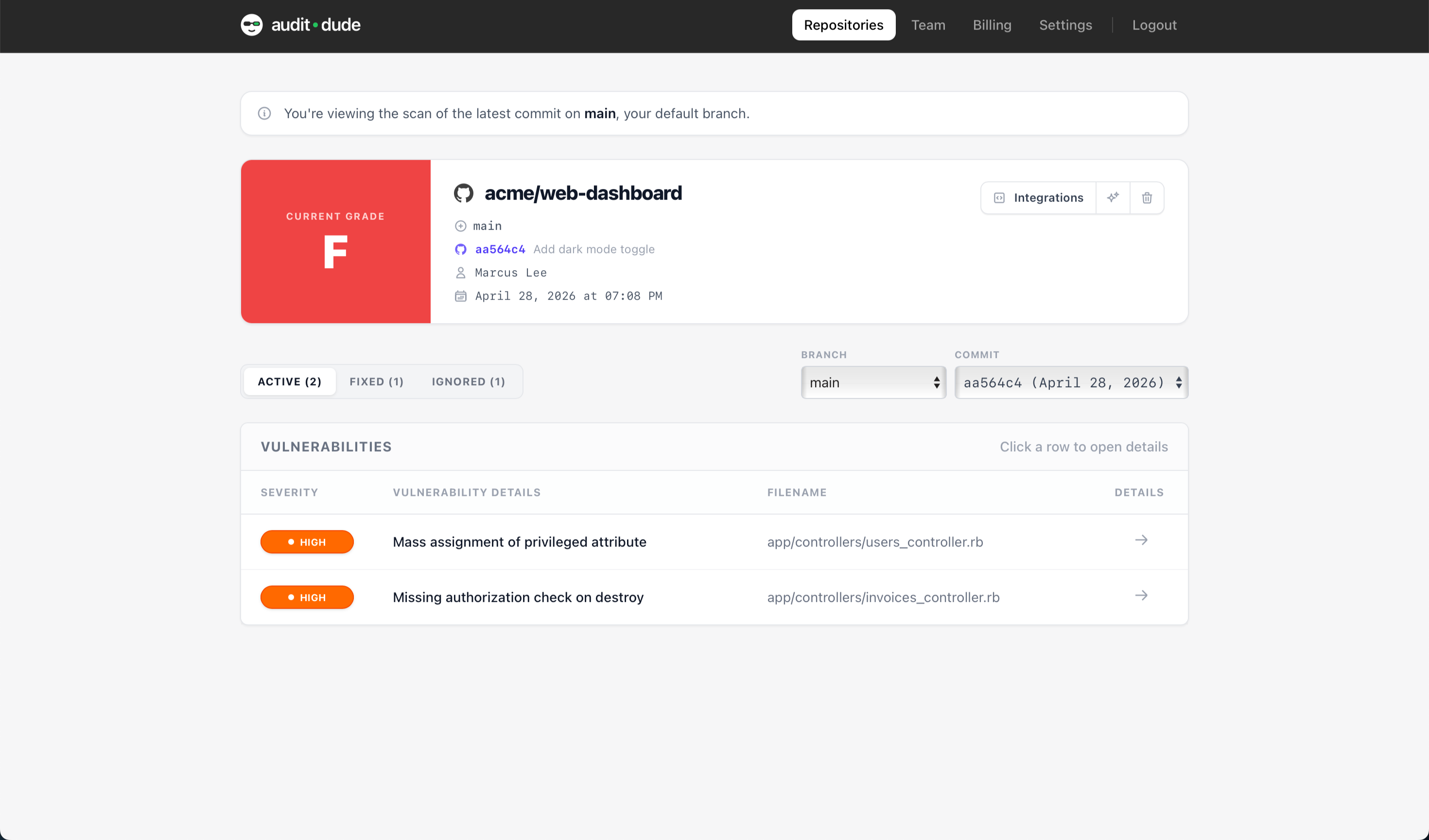 Repository scan results and security grade